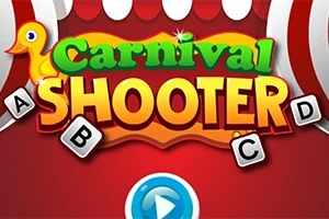 Farebné písmená s nápisom „Carnival Shooter“ s kačičkou a tlačidlom prehrávania na červenom pozadí s bielymi bodmi