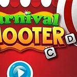 Farebné písmená s nápisom „Carnival Shooter“ s kačičkou a tlačidlom prehrávania na červenom pozadí s bielymi bodmi