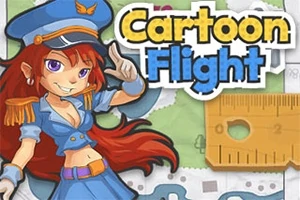 Animovaná postava pilotky s červenými vlasmi v modrej uniforme na farebnom pozadí s názvom Cartoon Flight