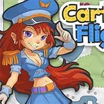 Animovaná postava pilotky s červenými vlasmi v modrej uniforme na farebnom pozadí s názvom Cartoon Flight