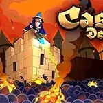 Čarodejník stojaci na veži hradu s ohňovými útokmi na nepriateľskú armádu, pozadie s nápisom Castle Defense