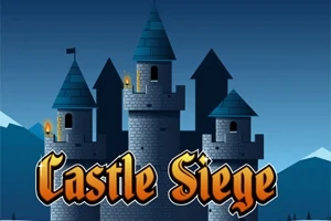 Kamenný hrad s modrými strechami veží a nápisom Castle Siege na tmavomodrom pozadí