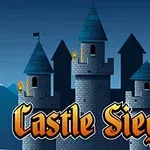 Kamenný hrad s modrými strechami veží a nápisom Castle Siege na tmavomodrom pozadí