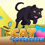 Čierna mačka skáče ponad nápis Cat Lovescapes v kreslenom interiéri obývačky s farebnými dekoráciami