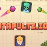 Farebná ilustrácia s dvoma katapultmi, dvoma farebnými guľami, emotikonmi zástupcov ľudí, mimozemšťanom a nápisom CATAPULTZ