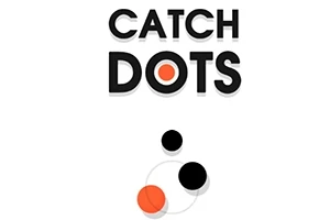 Nadpis CATCH DOTS s obrázkom zloženým z oranžových a čiernych bodiek na bielom pozadí