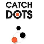 Nadpis CATCH DOTS s obrázkom zloženým z oranžových a čiernych bodiek na bielom pozadí