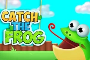Žaba s vyplazeným červeným jazykom a výraznými očami pred dreveným plotom a oblohou s oblakmi, vedľa nápisu CATCH THE FROG