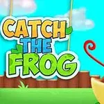 Žaba s vyplazeným červeným jazykom a výraznými očami pred dreveným plotom a oblohou s oblakmi, vedľa nápisu CATCH THE FROG