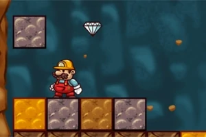 Muž v červenom overale a žltej prilbe stojí na zlatých a hnedých kockách, nad ktorými sa vznáša diamant
