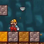 Muž v červenom overale a žltej prilbe stojí na zlatých a hnedých kockách, nad ktorými sa vznáša diamant