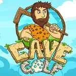 Karikatúra pravekého človeka s bradou drží drevený kladivo nad textom z kameňa a trávy, na modrom pozadí s oblakmi a siluetami palmových stromov
