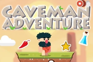 Kreslený pračlovek stojí na platforme s pozadím obsahujúcim text Caveman Adventure, oblak, čili papričku, hviezdu a fľaštičku