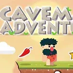 Kreslený pračlovek stojí na platforme s pozadím obsahujúcim text Caveman Adventure, oblak, čili papričku, hviezdu a fľaštičku