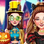 Dve ženy v kostýmoch s klobúkom a ušami na pozadí halloweenskej výzdoby