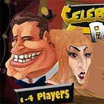 Karikatúry mužskej a ženskej postavy s veľkými hlavami, farebný text Celebrity Party a malý tanec troch animovaných postáv na pozadí