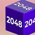 Fialová kocka s bielymi číslami 2048 na každej strane na ružovom pozadí