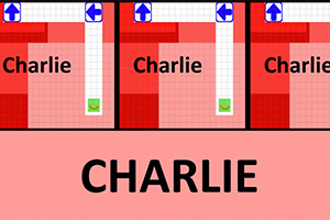 Náhľad mriežkovaného plánu s nápisom Charlie a smerovými šípkami na červenom pozadí