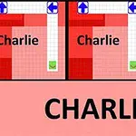Náhľad mriežkovaného plánu s nápisom Charlie a smerovými šípkami na červenom pozadí