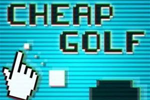 Nápis CHEAP GOLF na modrom pozadí s pixelovým kurzorom ruky