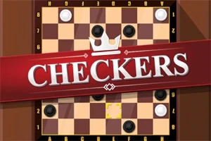 Šachovnica so svetlými a tmavými figúrkami na diagonálne čiernobielej doske s nápisom Checkers