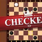 Šachovnica so svetlými a tmavými figúrkami na diagonálne čiernobielej doske s nápisom Checkers