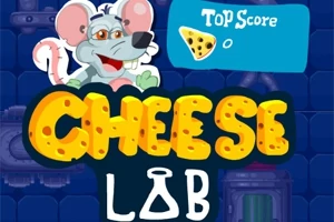 Usmievajúca sa myš s textom CHEESE LAB na modrom pozadí s kresleným motívom a symbolom syra
