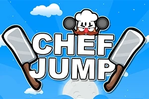 Ilustrácia s nápisom Chef Jump na modrom pozadí s oblakmi, veľký šéfkuchár so zlostným výrazom a dvoma veľkými nožmi