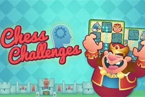 Farebná kreslená postava kráľa s korunou drží šachovnicu, vedľa ktorej je nápis Chess Challenges