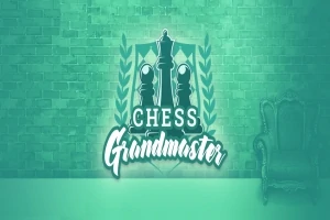 Logo Chess Grandmaster na zelenom pozadí s motívom šachových figúrok a kreslom na pravom okraji