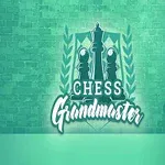 Logo Chess Grandmaster na zelenom pozadí s motívom šachových figúrok a kreslom na pravom okraji