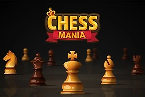 Šachové figúrky na čiernom pozadí s nápisom CHESS MANIA hore