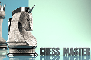 Sivý šachový kôň s textom CHESS MASTER na svetlom pozadí