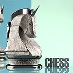 Sivý šachový kôň s textom CHESS MASTER na svetlom pozadí