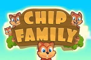 Štyri kreslené veveričky držia drevenú tabuľu s nápisom Chip Family na svetlom pozadí