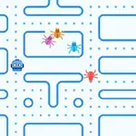 Modrá bludisková mapa s robotom a farebnými postavičkami v tvare duchov