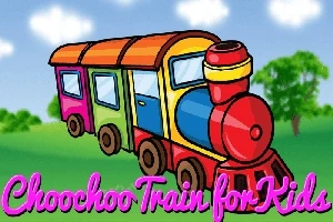 Farebný kreslený vlak na pozadí zelenej krajiny s nápisom „Choochoo Train for Kids“ v popredí