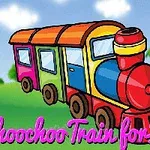 Farebný kreslený vlak na pozadí zelenej krajiny s nápisom „Choochoo Train for Kids“ v popredí