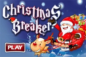 Santa Claus v červenom oblečení s vrecom darčekov a sobom na zasneženej modrej scéne s nápisom Christmas Breaker a tlačidlom Play
