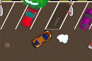 Oranžové auto parkuje medzi červeným a fialovým autom na parkovisku s pouličnými lampami a stromami