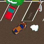 Oranžové auto parkuje medzi červeným a fialovým autom na parkovisku s pouličnými lampami a stromami