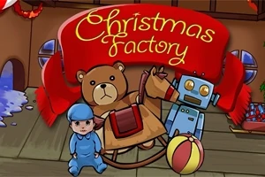 Drevený koník, medvedík, robot a bábätko pred červeným nápisom Christmas Factory s hračkárskou témou
