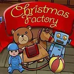 Drevený koník, medvedík, robot a bábätko pred červeným nápisom Christmas Factory s hračkárskou témou