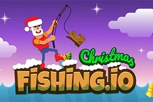 Postava s vianočnou čiapkou drží udicu s ulovenými saním na fialovom pozadí s nápisom Christmas Fishing