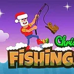 Postava s vianočnou čiapkou drží udicu s ulovenými saním na fialovom pozadí s nápisom Christmas Fishing