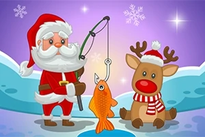 Santa Claus chytá rybu na udicu vedľa soba na zasneženom pozadí s vločkami