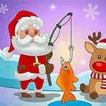 Santa Claus chytá rybu na udicu vedľa soba na zasneženom pozadí s vločkami