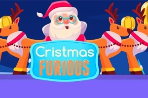 Santa Claus v červenej čiapke so sobmi a v popredí modro-oranžový nápis