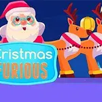 Santa Claus v červenej čiapke so sobmi a v popredí modro-oranžový nápis