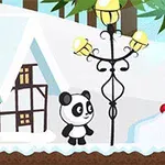 Ilustrácia s pandou stojacou pri lampe v zasneženej krajine s domom a cukrovinkou v pozadí